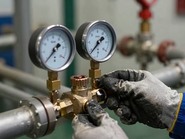 Close-up of a pressure gauge and valve assembly on a fire suppression pipe manifold being tested, an engineer's gloved hand holding a calibration instrument against the fitting, industrial pipe rack in sharp background focus
