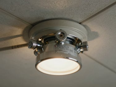 Close overhead shot of a fire suppression sprinkler head freshly installed in a drop ceiling grid, surrounding pipework visible, certification label in focus, tungsten light from below casting hard shadow on chrome fittings
