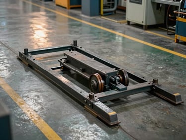 Overhead shot of a heavy-duty automobile trolley on a painted factory floor, load frame and wheel assembly in sharp focus, tungsten ceiling lights reflecting off the steel deck surface, workshop machinery visible out of focus in the background