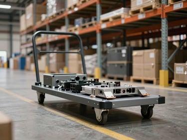 Ground-level view inside an active warehouse showing a custom material handling trolley loaded with components on a marked floor lane, tungsten overhead lighting, structural steel mezzanine visible in background, no people