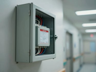 Tight detail shot of a fire detection panel mounted in a hospital corridor, wiring terminations visible, test certificate label affixed to the panel door, cool fluorescent ambient light, no people