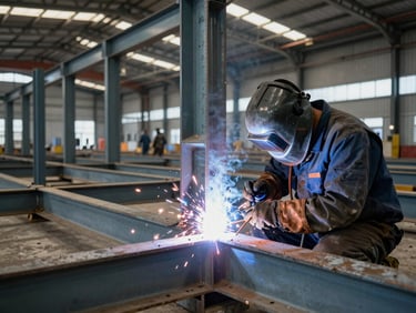 Wide industrial shot of welders working on a structural steel frame inside a warehouse under construction, arc flash illuminating the joint connection, heavy-gauge I-beams visible in the background with measurement markings