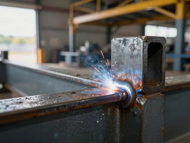 Tight detail shot of a structural steel weld joint on a warehouse frame, welding bead in sharp focus with mill scale texture visible, natural sidelight from an open bay door, depth of field falling off into the structural span behind