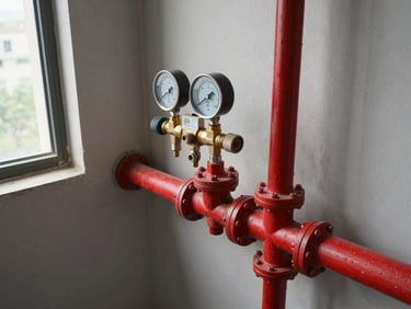 Overhead shot of a fire suppression riser network installed in a residential apartment block stairwell, red-painted pipes and pressure gauges in sharp focus, natural sidelight from a window, certification labels visible on valve bodies