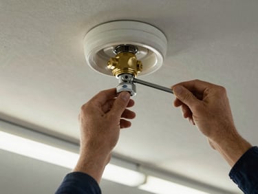 Overhead detail of a technician's hands inspecting a fire sprinkler head with a torque wrench in a finished commercial ceiling, certification tag visible on the pipe fitting, clean industrial lighting from above