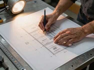 Close overhead shot of an engineer's hands spreading large-format technical drawings across a steel worktable, a measuring scale and pencil visible, warm tungsten workshop light raking across the paper surface revealing dimension annotations