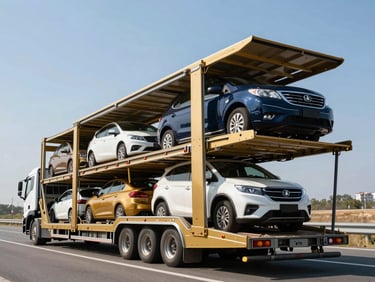 Modern multi-car open auto transport trailer on a highway under clear skies, bright daylight, low angle, showing secure vehicles, sharp commercial photography