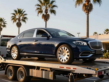 Luxury sedan being loaded onto an auto transport trailer, palm trees in the background, golden hour light, sharp commercial photography