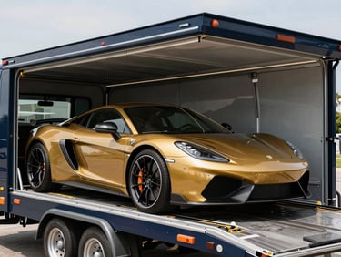 Sleek, modern enclosed auto transport trailer, dark navy, loading a luxury sports car, bright daylight, close-up of car being carefully secured, sharp commercial photography