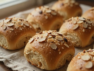 Close-up of keto-friendly almond flour bread rolls on a linen cloth, warm editorial style