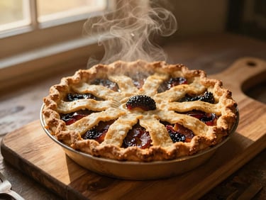 Overhead shot of a rustic fruit pie on a wooden board, steam rising, warm golden-hour light