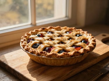A rustic fruit pie with a lattice crust on a wooden board, warm golden-hour window light casting soft shadows