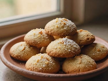Dusted Mexican wedding cookies piled high on a clay plate, warm earth tones, 35mm film style