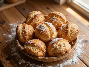 Overhead shot of a basket of fresh Mexican conchas and puff pastry, rustic wooden table, flour dusted around