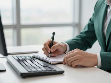 Close-up of professional hands taking notes next to a modern keyboard in a bright corporate office, shallow depth of field