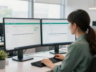 A focused support specialist analyzing clean data dashboards on dual monitors in a contemporary collaborative workspace, soft natural light