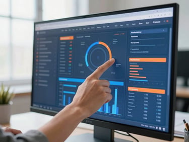 Close-up of a hand analyzing a complex digital marketing dashboard on a high-resolution monitor, vibrant blue and orange UI elements, clean modern workspace, bright studio lighting, shallow depth of field, 35mm