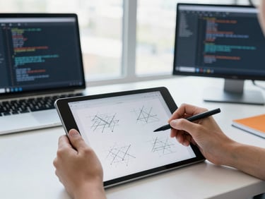 Hands sketching wireframes on a tablet, adjacent to code on a monitor, clean modern workspace, bright natural light.