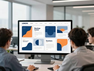 Team collaborating around a large monitor displaying brand mood boards and design mockups, modern office, crisp lighting.