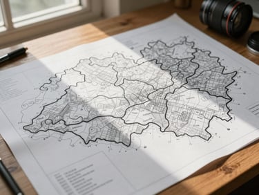 Close-up of a hand-drawn territorial map spread on a wooden table, pencil annotations marking boundary lines, natural daylight from a window casting soft shadows, documentation tools visible at the edge