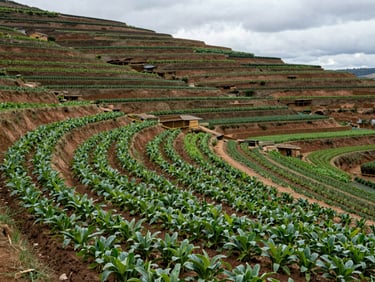 Wide documentary shot of fertile agricultural terraces in the Wanagon territory, overcast natural light, crops growing in rows, no people, emphasis on the land as cultivated and governed space