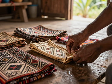 Hands arranging woven Papuan textile goods on a low wooden surface inside a community structure, natural daylight from an open doorway, earth tones and geometric patterns visible, no faces shown