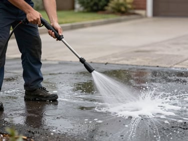 Action shot of a professional technician using a low-pressure soft-wash wand on a driveway, soft white foam spraying onto the surface, crisp daylight.
