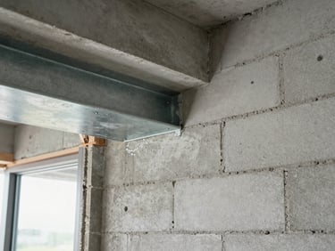 Close-up of a freshly plastered concrete-block wall meeting a new steel lintel above a doorway opening, raw construction materials in daylight from an adjacent window, no people — the junction of masonry and metalwork visible in precise detail