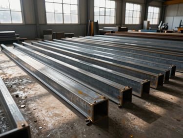 Wide shot of a steel fabrication assembly on a workshop floor, structural angle iron and square tube laid out for welding, daylight through a high industrial window casting hard shadows across the metal profiles — no workers, no faces, just the raw assembly geometry