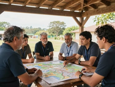 A bright outdoor workshop under a wooden pavilion, local community leaders and advisors sitting around a map, natural daylight.