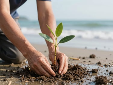 Close-up of hands planting a mangrove sapling in wet coastal soil, bright morning light, ocean water in the background.