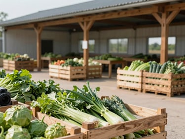A local agricultural cooperative building, wooden structures, crates of fresh green produce in the foreground, bright natural light.