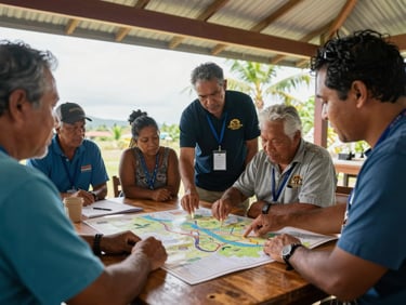 A collaborative workshop in Fiji, local community members and project managers analyzing a map on a wooden table, bright natural daylight from a window.
