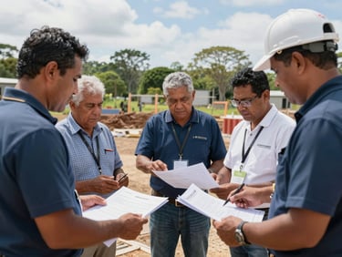 Medium environmental shot of local community leaders and project managers reviewing plans on a construction site in the Pacific, bright natural daylight.
