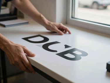 Hands placing a branded floor decal on a polished retail surface, close-up framing, natural daylight from a side window, crisp material edge visible