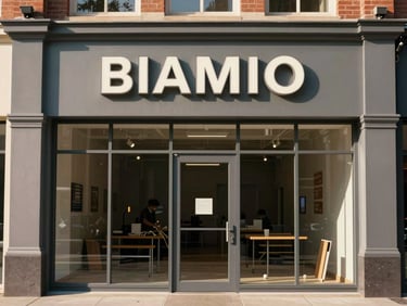 Wide environmental shot of a completed storefront signage installation at human scale, natural daylight, warm gray facade, no people