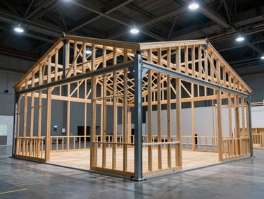Wide shot of a branded pavilion structure at human scale, steel and timber frame fully assembled in an empty exhibition hall, cool overhead light