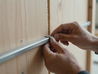 Close macro study of a craftsperson's hands pressing a metal trim piece flush against a timber-clad wall panel, cool north daylight revealing the grain and seam detail, shallow depth with construction background softly out of focus