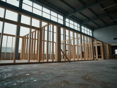 Low angle of a structural event rig mid-installation, timber and steel framing visible, empty venue floor, cool daylight through high windows