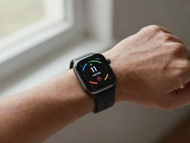 Visão em primeira pessoa de um pulso usando um smartwatch, com a tela mostrando dados de atividade física, em um cenário externo com luz do dia. Detalhes do desgaste da pulseira.