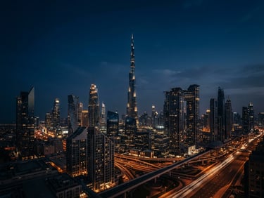 Wide-angle architectural shot of the modern Dubai financial district at dusk, sharp geometric lines of skyscrapers reaching into a deep midnight blue sky, vast negative space, low-key dramatic lighting.