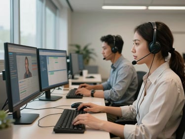 Medium environmental shot of two diverse call center agents at adjacent workstations, both wearing headsets, eyes on dual monitors showing call management dashboards, office daylight from windows to the left, soft fluorescent fill, quiet concentration, one agent mid-sentence