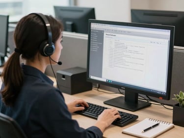 Medium environmental shot of a call center agent reviewing an order processing screen, notepad beside keyboard, calm concentration, office daylight filtering across the workspace, organized and professional setting