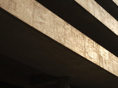 Abstract architectural detail of modern concrete curves in Hyderabad, sharp geometric shadows under high-contrast natural light, warm muted gold undertones, 35mm film.