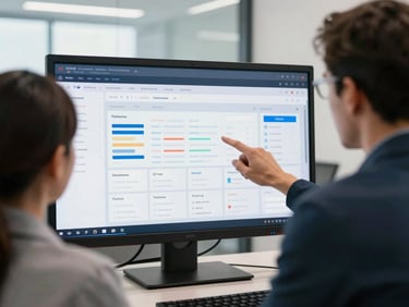 Over-the-shoulder view of two enterprise technology leaders analyzing a clean, high-fidelity project dashboard on a large screen in a bright, modern Tallahassee office.