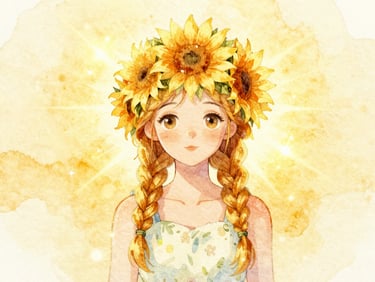 Watercolor illustration of Solara, the summer fairy, with golden sunflower braids, warm glowing sunshine, soft yellow background