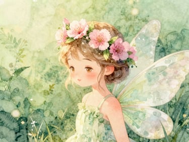 Watercolor illustration of Flora, the spring fairy, with pastel pink flower crown, gentle morning light, soft green background