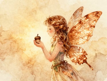 Watercolor illustration of Rowan, the autumn fairy, with copper leaf wings, holding a tiny acorn, soft amber background