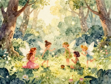 Watercolor illustration of seasonal fairies playing together in a magical sunlit woodland clearing, soft pastel colors, glowing sparkles