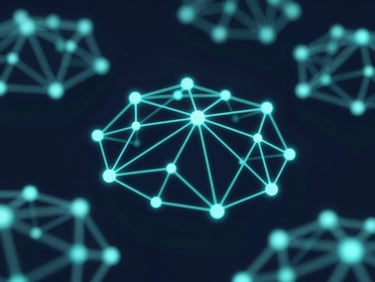 Abstract 3D render of digital network nodes, dark navy background, glowing teal highlights, clean tech aesthetic, macro depth of field